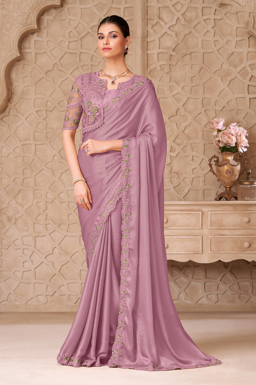 Georgette Satin Lace Border Work Purple Saree For Wedding Wear