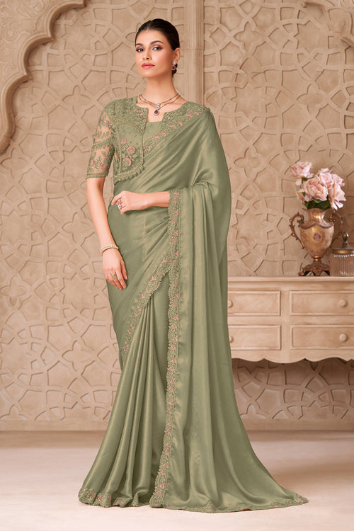 Georgette Satin Fabric Sea Green Saree For Wedding Wear