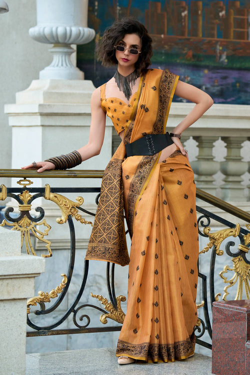 Weaving Work Tissue Fabric Orange Saree For Casual Wear