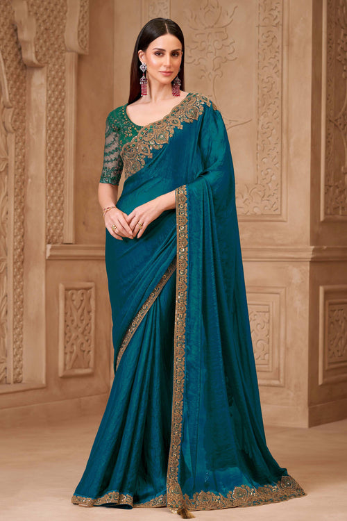 Embroidered Art Silk Teal Function Wear Saree