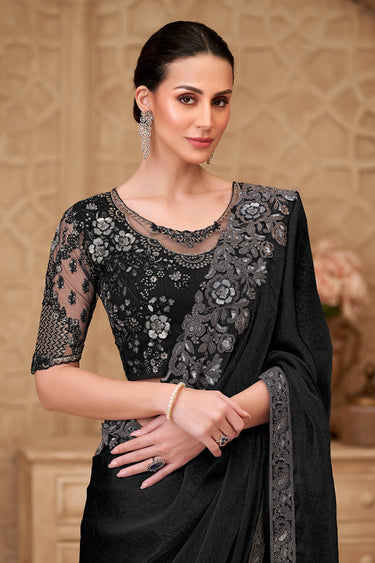 Black Georgette Satin Embroidered Festive Wear Saree