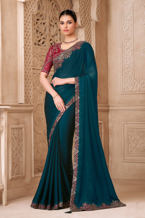Art Silk Fabric Embroidered Teal Party Wear Saree