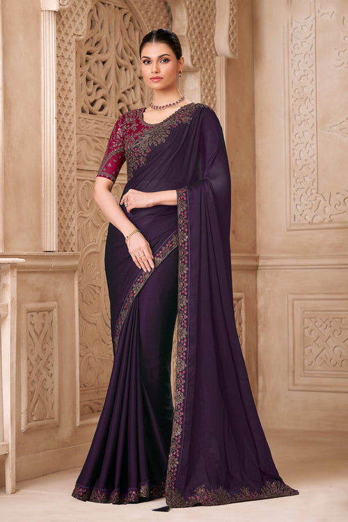 Art Silk Embroidered Purple Saree For Party Wear