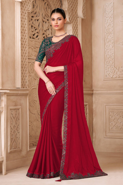 Embroidered Art Silk Fabric Red Saree For Party Wear