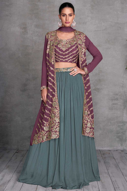 Beguiling Purple Color Chinon Fabric Readymade Lehenga