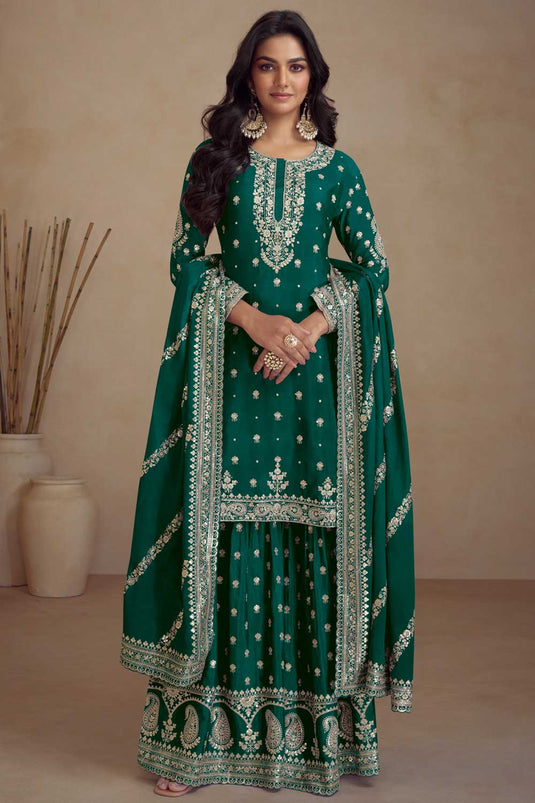 Engaging Green Color Art Silk Fabric Palazzo Suit