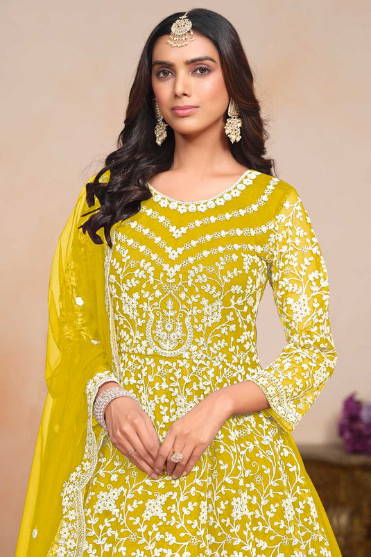 Incredible Net Fabric Yellow Color Embroidered Anarkali Suit