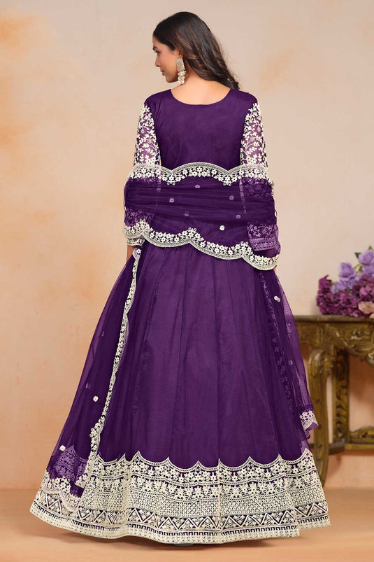 Tempting Net Fabric Purple Color Embroidered Anarkali Suit