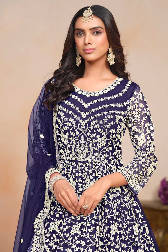 Engaging Navy Blue Color Net Fabric Embroidered Anarkali Suit