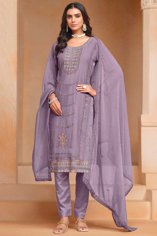 Lavender Color Festive Style Classic Organza Salwar Suit