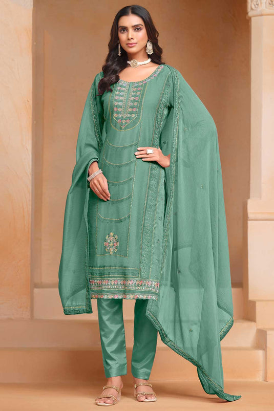 Green Color Festive Style Vintage Organza Salwar Suit