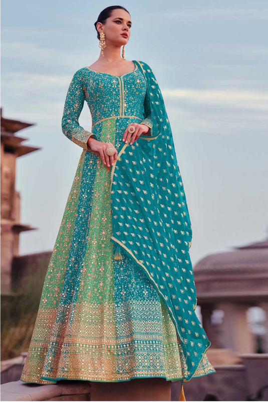 Cyan Color Readymade Georgette Anarkali Suit For Function