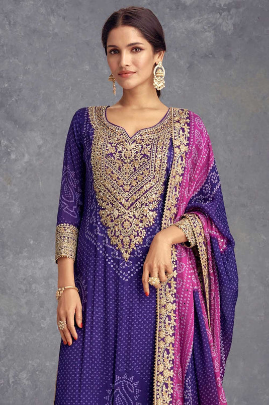 Purple Color Printed Elegant Chinon Palazzo Suit