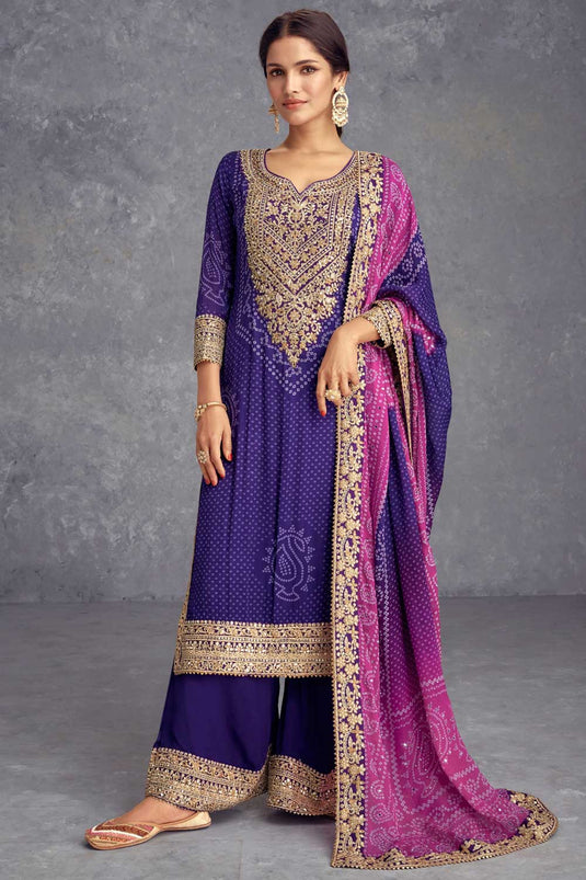 Purple Color Printed Elegant Chinon Palazzo Suit