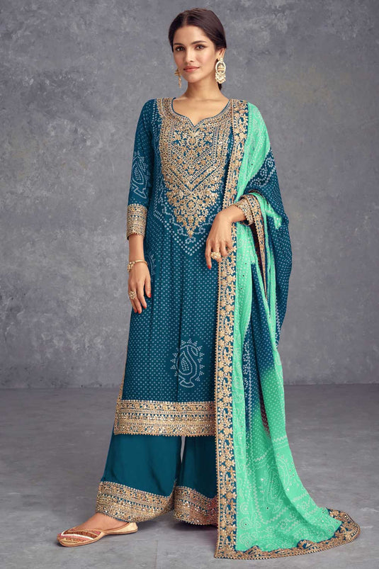 Printed Teal Color Fabulous Chinon Palazzo Suit