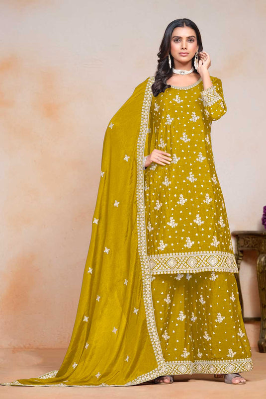 Tempting Chinon Mustard Color Festive Style Palazzo Suit