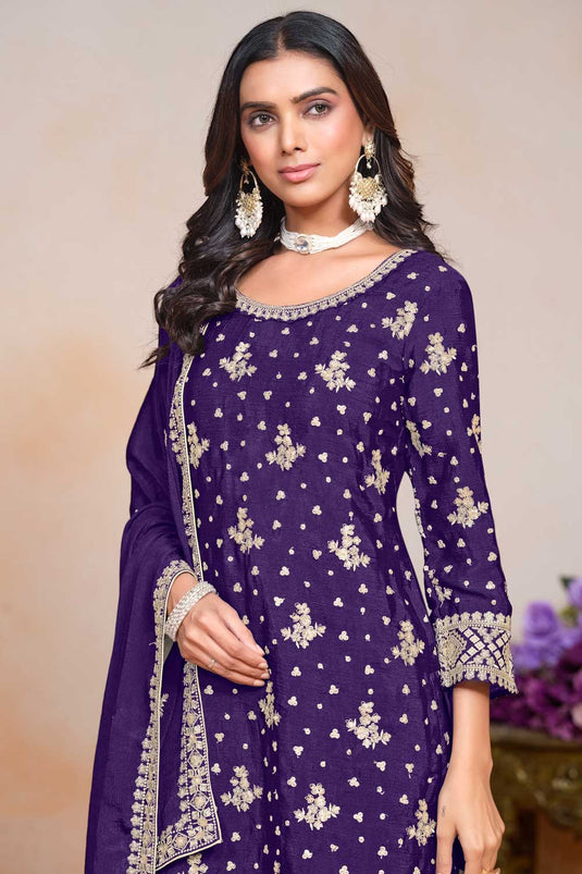 Engaging Purple Color Chinon Festive Style Palazzo Suit