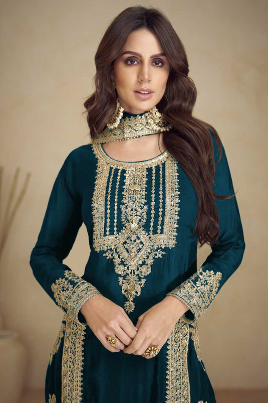 Beatific Georgette Salwar Suit In Teal Color