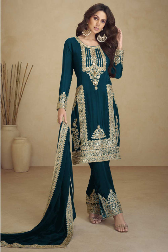 Beatific Georgette Salwar Suit In Teal Color