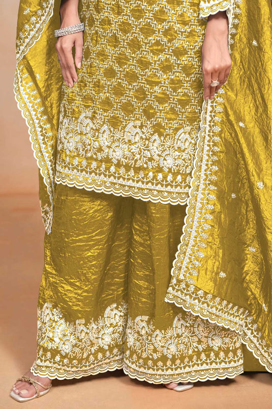 Elegant Golden Color Fancy Gold Crush Fabric Palazzo Suit