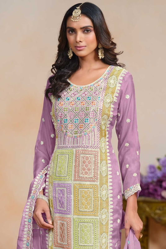 Fascinating Lavender Color Organza Fabric Salwar Suit