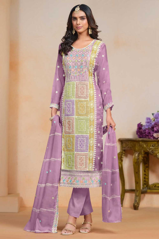 Fascinating Lavender Color Organza Fabric Salwar Suit