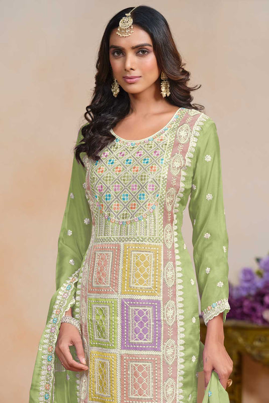 Dazzling Organza Fabric Green Color Salwar Suit