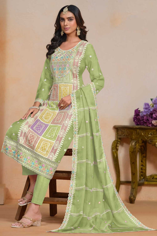 Dazzling Organza Fabric Green Color Salwar Suit