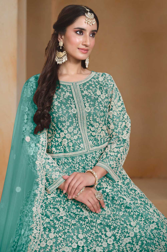 Engaging Sea Green Color Net Fabric Function Style Anarkali Suit