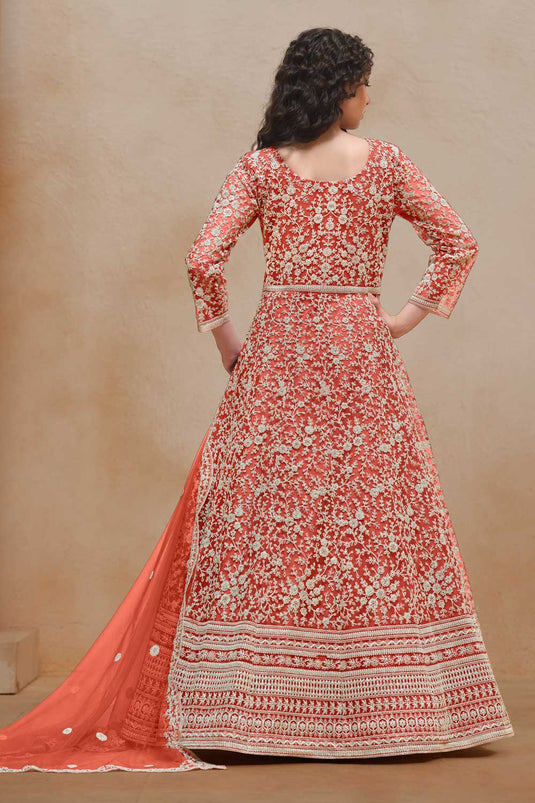 Classic Orange Color Function Style Anarkali Suit In Net Fabric