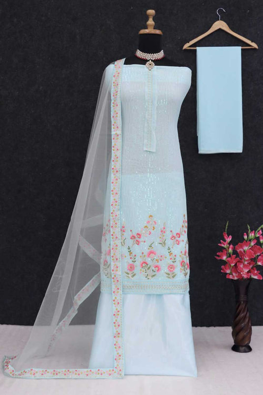 Georgette Fabric Sky Blue Color Trendy Replica Palazzo Suit