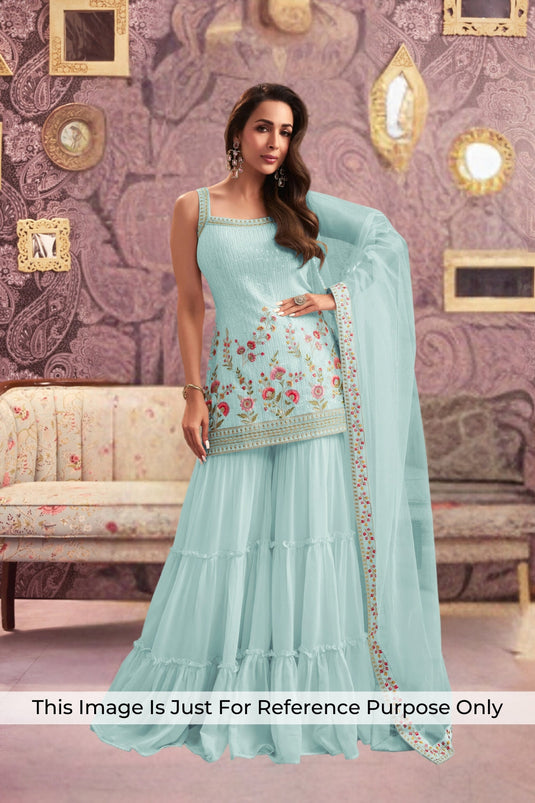 Georgette Fabric Sky Blue Color Trendy Replica Palazzo Suit