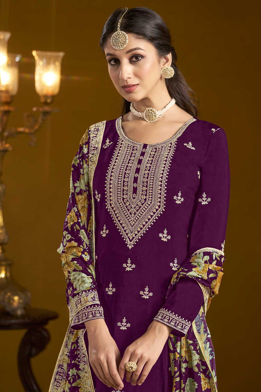 Engaging Purple Color Chinon Fabric Sharara Suit For Function Wear