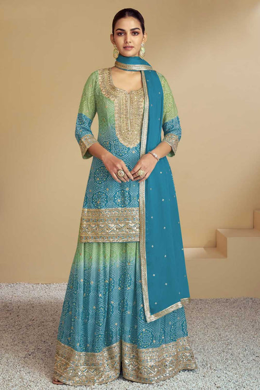 Sky Blue Color Chinon Fabric Bandhani Printed Classic Palazzo Suit