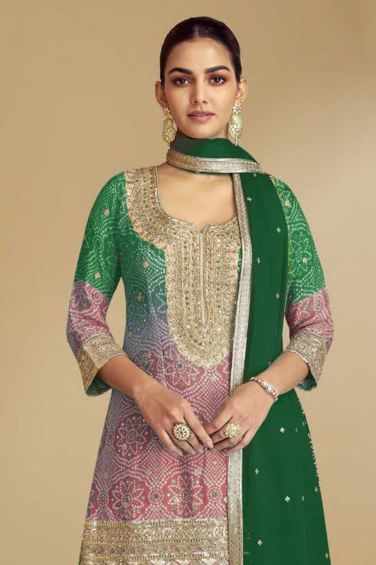 Chinon Fabric Bandhani Printed Lovely Palazzo Suit In Green Color