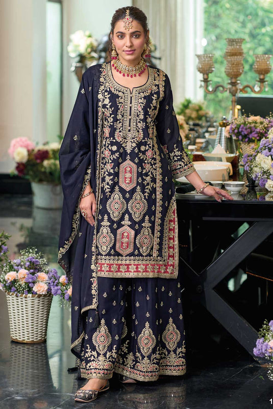 Navy Blue Color Chinon Fabric Beautiful Readymade Palazzo Suit