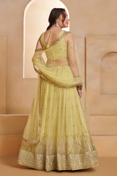 Sequins Work Net Fabric Yellow Lehenga Choli For Wedding Wear