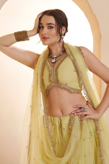 Sequins Work Net Fabric Yellow Lehenga Choli For Wedding Wear