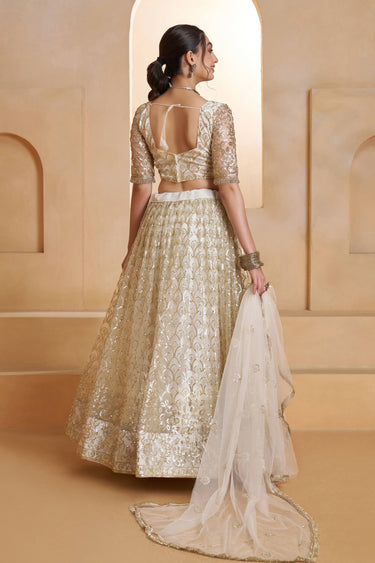 Net Fabric Sequins Work Off White Wedding Wear Lehenga Choli