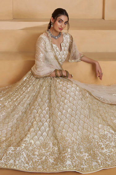 Net Fabric Sequins Work Off White Wedding Wear Lehenga Choli