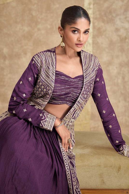 Chinon Silk Fabric Purple Color Beatific Readymade Lehenga With Jacket