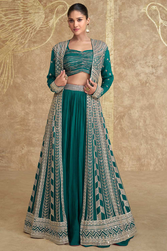 Chinon Silk Fabric Captivating Dark Cyan Color Readymade Lehenga With Jacket