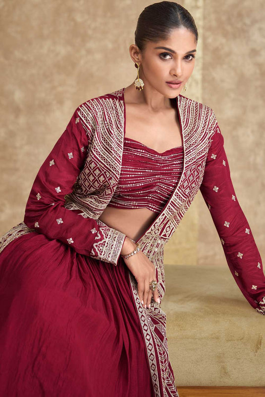 Maroon Color Chinon Silk Fabric Glamorous Readymade Lehenga With Jacket