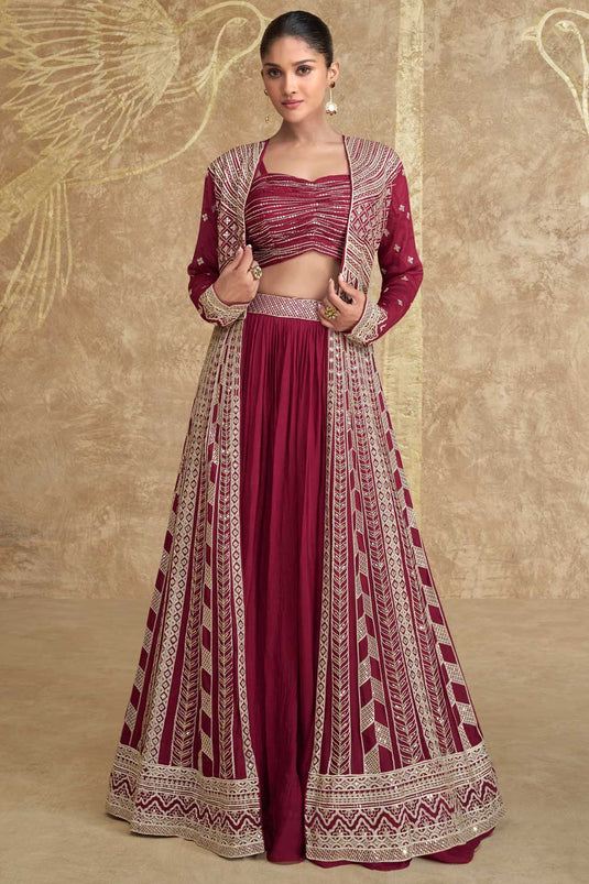 Maroon Color Chinon Silk Fabric Glamorous Readymade Lehenga With Jacket