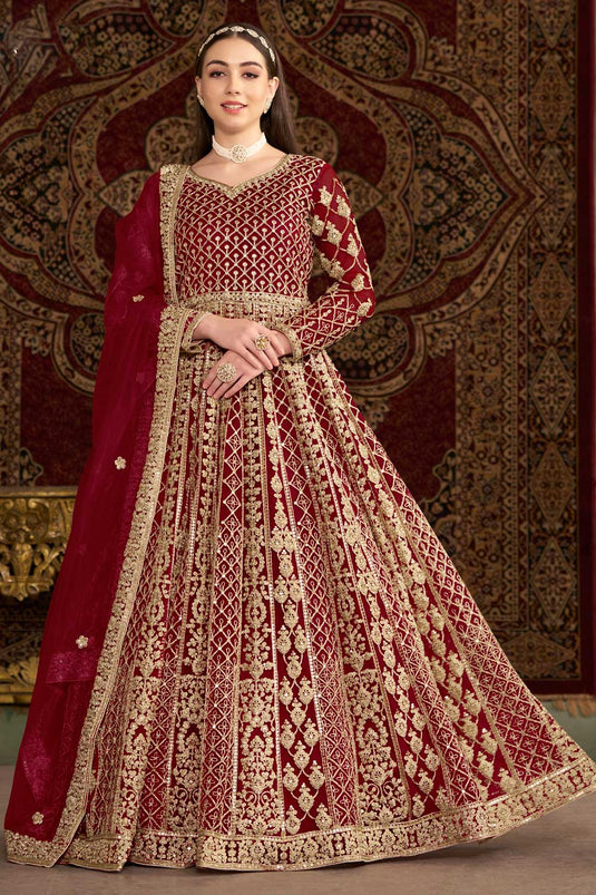 Net Fabric Maroon Color Sangeet Function Elegant Anarkali Suit