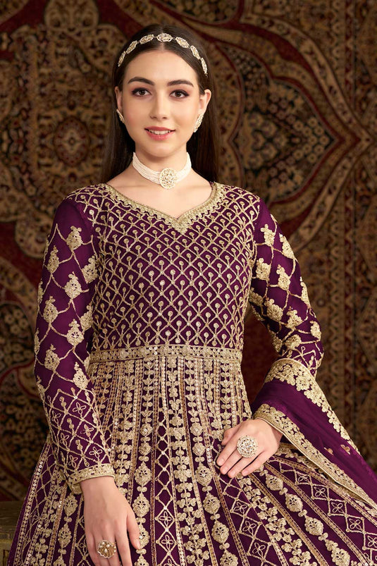 Purple Color Net Fabric Sangeet Function Classic Anarkali Suit