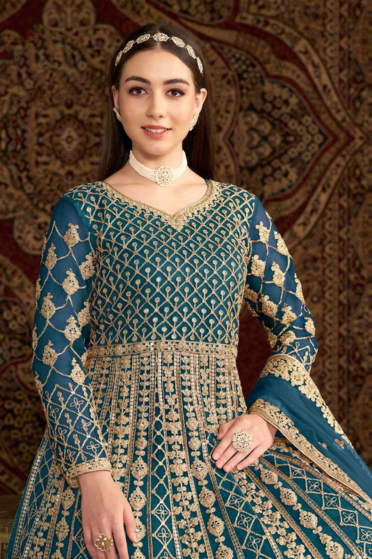 Teal Color Net Fabric Sangeet Function Vintage Anarkali Suit