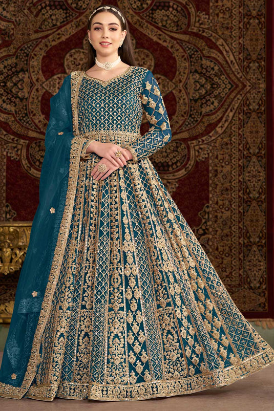 Teal Color Net Fabric Sangeet Function Vintage Anarkali Suit