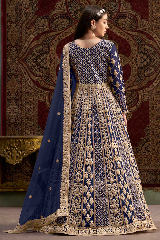 Sangeet Function Navy Blue Color Fabulous Anarkali Suit In Net Fabric