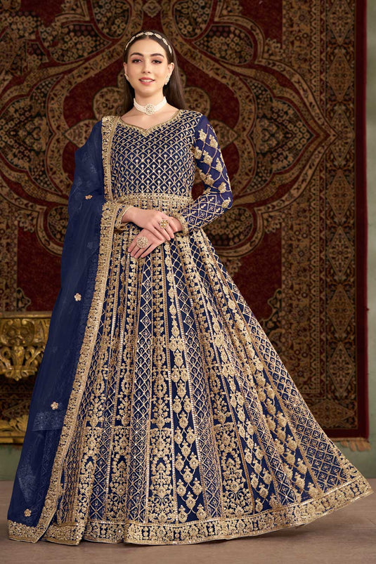 Sangeet Function Navy Blue Color Fabulous Anarkali Suit In Net Fabric